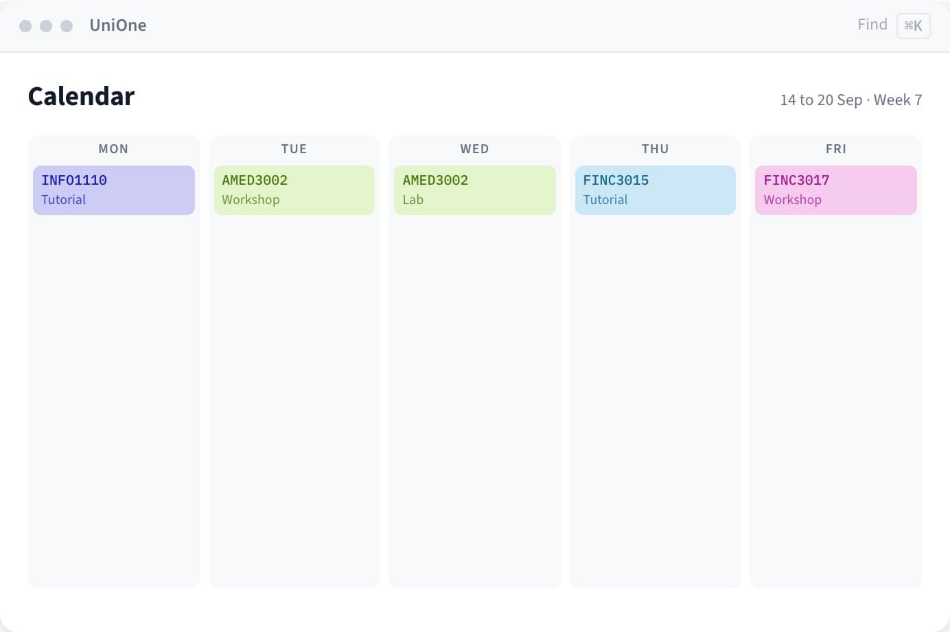 UniOne, the Calendar screen, demo semester